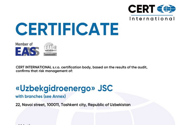 “Ўзбекгидроэнерго” АЖ бошқарув амалиётида илк бор ISO 31000:2018 риск бошқаруви стандартларини жорий этди